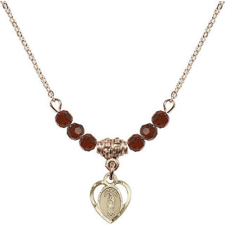 18" Hamilton Gold Plated Necklace with 4mm Garnet Crystal Beads featuring a 14kt Gold Filled Our Lady of Guadalupe Medal.