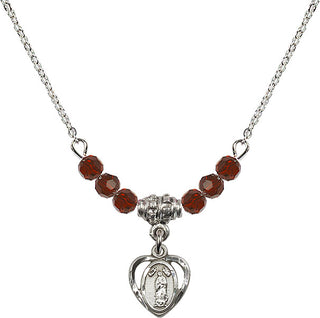 18" Rhodium Plated Necklace with 4mm Garnet Crystal Beads featuring a Sterling Silver Our Lady of Guadalupe Medal.
