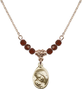 18" Hamilton Gold Plated Necklace with 4mm Garnet Crystal Beads featuring a 14kt Gold Filled Madonna & Child Medal.