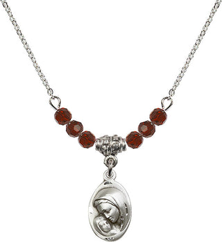 18" Rhodium Plated Necklace with 4mm Garnet Crystal Beads featuring a Sterling Silver Madonna & Child Medal.