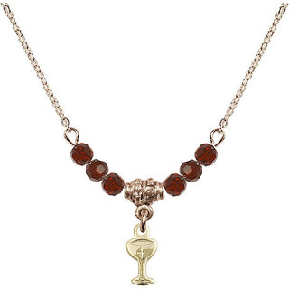 18" Hamilton Gold Plated Necklace with 4mm Garnet Crystal Beads featuring a 14kt Gold Filled Chalice Medal.