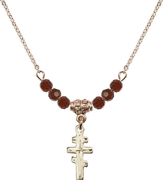18" Hamilton Gold Plated Necklace with 4mm Garnet Crystal Beads featuring a 14kt Gold Filled Greek Orthadox Cross Medal.