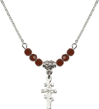 18" Rhodium Plated Necklace with 4mm Garnet Crystal Beads featuring a Sterling Silver Greek Orthadox Cross Medal.