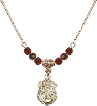 18" Hamilton Gold Plated Necklace with 4mm Garnet Crystal Beads featuring a 14kt Gold Filled Saint Michael the Archangel Medal. Engraved Catholic Saint Jewelry
