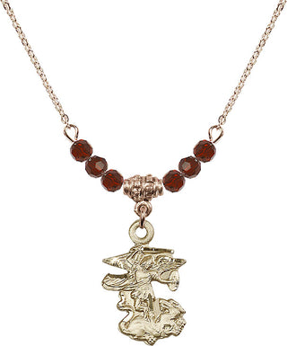 18" Hamilton Gold Plated Necklace with 4mm Garnet Crystal Beads featuring a 14kt Gold Filled Saint Michael the Archangel Medal.