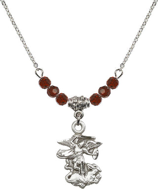 18" Rhodium Plated Necklace with 4mm Garnet Crystal Beads featuring a Sterling Silver Saint Michael the Archangel Medal.