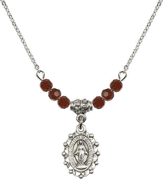 18" Rhodium Plated Necklace with 4mm Garnet Crystal Beads featuring a Sterling Silver Miraculous Medal.