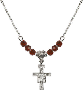 18" Rhodium Plated Necklace with 4mm Garnet Crystal Beads featuring a Sterling Silver San Damiano Crucifix Medal.