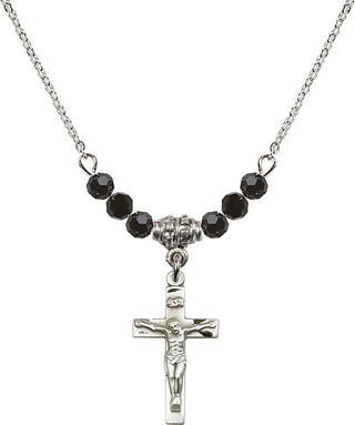 18" Rhodium Plated Necklace with 4mm Jet Crystal Beads featuring a Sterling Silver Crucifix Medal.