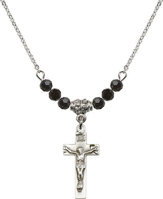 18" Rhodium Plated Necklace with 4mm Jet Crystal Beads featuring a Sterling Silver Crucifix Medal.