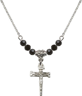 18" Rhodium Plated Necklace with 4mm Jet Crystal Beads featuring a Sterling Silver Nail Crucifix Medal.
