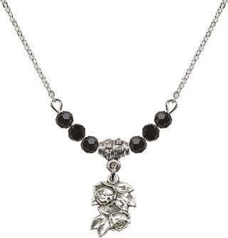 18" Rhodium Plated Necklace with 4mm Jet Crystal Beads featuring a Sterling Silver Rose Medal.