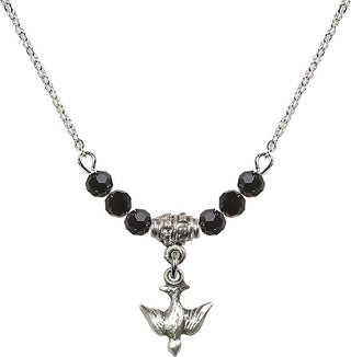 18" Rhodium Plated Necklace with 4mm Jet Crystal Beads featuring a Sterling Silver Holy Spirit Medal.