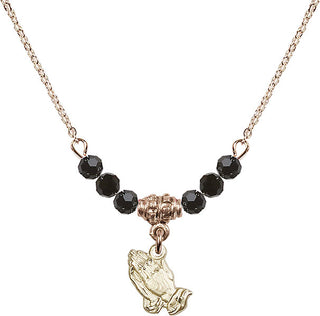 18" Hamilton Gold Plated Necklace with 4mm Jet Crystal Beads featuring a 14kt Gold Filled Praying Hands Medal.