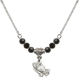 18" Rhodium Plated Necklace with 4mm Jet Crystal Beads featuring a Sterling Silver Praying Hands Medal.