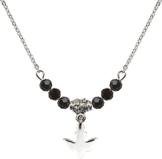 18" Rhodium Plated Necklace with 4mm Jet Crystal Beads featuring a Sterling Silver Holy Spirit Medal.