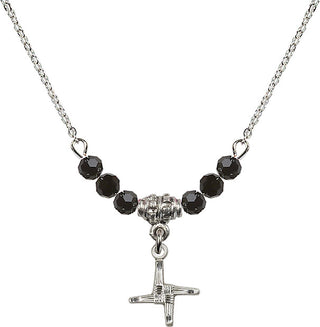 18" Rhodium Plated Necklace with 4mm Jet Crystal Beads featuring a Sterling Silver Saint Brigid Cross Medal.