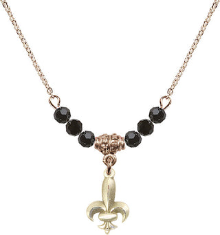 18" Hamilton Gold Plated Necklace with 4mm Jet Crystal Beads featuring a 14kt Gold Filled Fleur de Lis Medal.