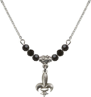 18" Rhodium Plated Necklace with 4mm Jet Crystal Beads featuring a Sterling Silver Fleur de Lis Medal.