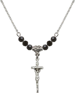 18" Rhodium Plated Necklace with 4mm Jet Crystal Beads featuring a Sterling Silver Papal Crucifix Medal.