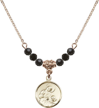 18" Hamilton Gold Plated Necklace with 4mm Jet Crystal Beads featuring a 14kt Gold Filled Saint Ann Medal. Engraved Catholic Saint Jewelry
