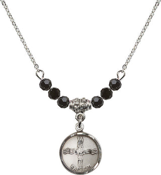 18" Rhodium Plated Necklace with 4mm Jet Crystal Beads featuring a Sterling Silver Baptism Medal. Engraved Catholic Saint Jewelry
