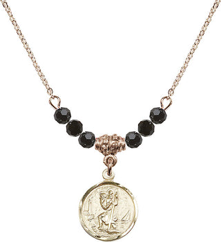 18" Hamilton Gold Plated Necklace with 4mm Jet Crystal Beads featuring a 14kt Gold Filled Saint Christopher Medal. Engraved Catholic Saint Jewelry