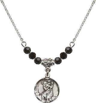 18" Rhodium Plated Necklace with 4mm Jet Crystal Beads featuring a Sterling Silver Saint Christopher Medal. Engraved Catholic Saint Jewelry