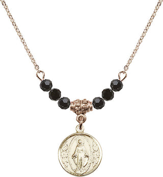 18" Hamilton Gold Plated Necklace with 4mm Jet Crystal Beads featuring a 14kt Gold Filled Miraculous Medal.