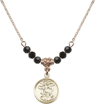 18" Hamilton Gold Plated Necklace with 4mm Jet Crystal Beads featuring a 14kt Gold Filled Saint Michael the Archangel Medal.