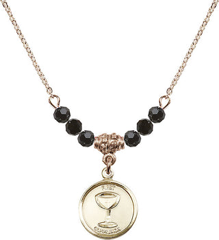 18" Hamilton Gold Plated Necklace with 4mm Jet Crystal Beads featuring a 14kt Gold Filled Communion Medal. Engraved Catholic Saint Jewelry