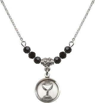 18" Rhodium Plated Necklace with 4mm Jet Crystal Beads featuring a Sterling Silver Communion Medal. Engraved Catholic Saint Jewelry