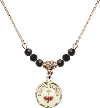 18" Hamilton Gold Plated Necklace with 4mm Jet Crystal Beads featuring a 14kt Gold Filled Confirmation Medal. Engraved Catholic Saint Jewelry