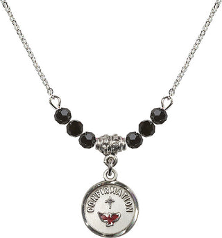 18" Rhodium Plated Necklace with 4mm Jet Crystal Beads featuring a Sterling Silver Confirmation Medal. Engraved Catholic Saint Jewelry