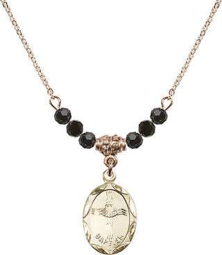 18" Hamilton Gold Plated Necklace with 4mm Jet Crystal Beads featuring a 14kt Gold Filled Baptism Medal. Engraved Catholic Saint Jewelry