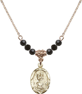 18" Hamilton Gold Plated Necklace with 4mm Jet Crystal Beads featuring a 14kt Gold Filled Saint Christopher Medal. Engraved Catholic Saint Jewelry