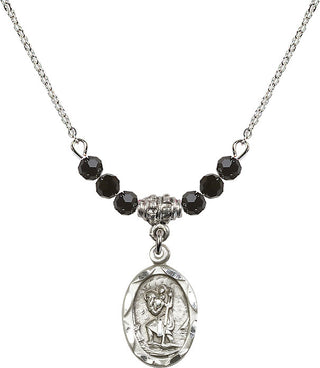 18" Rhodium Plated Necklace with 4mm Jet Crystal Beads featuring a Sterling Silver Saint Christopher Medal. Engraved Catholic Saint Jewelry