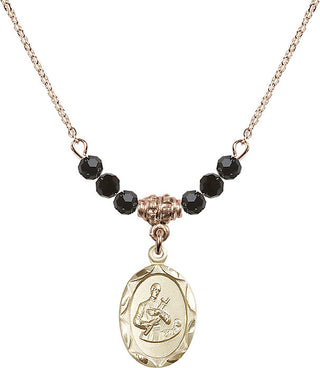 18" Hamilton Gold Plated Necklace with 4mm Jet Crystal Beads featuring a 14kt Gold Filled Saint Gerard Medal. Engraved Catholic Saint Jewelry