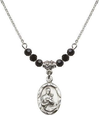 18" Rhodium Plated Necklace with 4mm Jet Crystal Beads featuring a Sterling Silver Saint Gerard Medal. Engraved Catholic Saint Jewelry