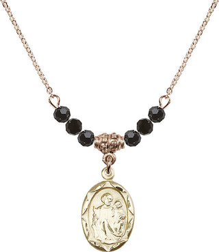 18" Hamilton Gold Plated Necklace with 4mm Jet Crystal Beads featuring a 14kt Gold Filled Saint Joseph Medal. Engraved Catholic Saint Jewelry