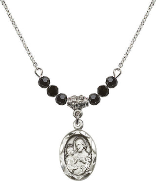 18" Rhodium Plated Necklace with 4mm Jet Crystal Beads featuring a Sterling Silver Saint Joseph Medal. Engraved Catholic Saint Jewelry