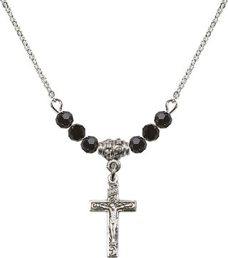 18" Rhodium Plated Necklace with 4mm Jet Crystal Beads featuring a Sterling Silver Crucifix Medal.
