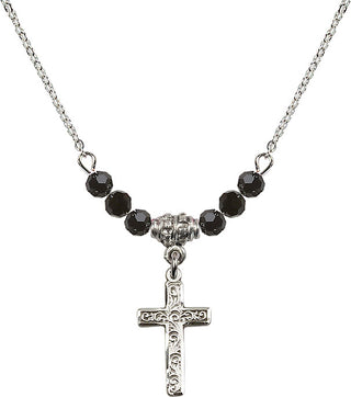 18" Rhodium Plated Necklace with 4mm Jet Crystal Beads featuring a Sterling Silver Cross Medal.