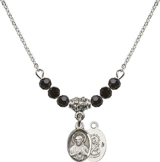 18" Rhodium Plated Necklace with 4mm Jet Crystal Beads featuring a Sterling Silver Scapular Medal.