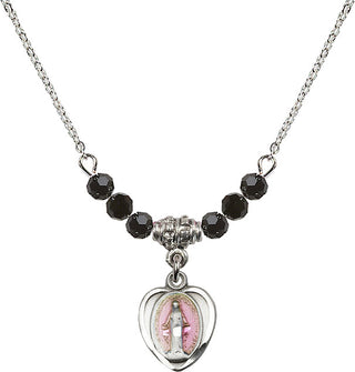 18" Rhodium Plated Necklace with 4mm Jet Crystal Beads featuring a Sterling Silver Miraculous Medal.