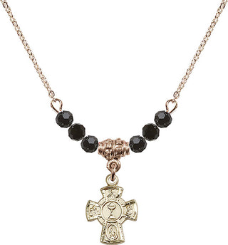 18" Hamilton Gold Plated Necklace with 4mm Jet Crystal Beads featuring a 14kt Gold Filled 5-Way / Chalice Medal.