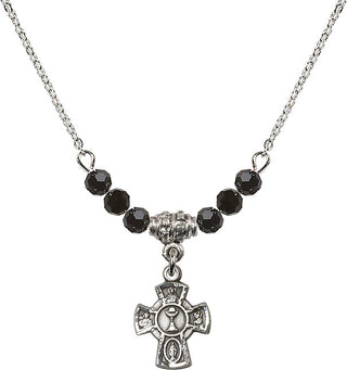 18" Rhodium Plated Necklace with 4mm Jet Crystal Beads featuring a Sterling Silver 5-Way / Chalice Medal.