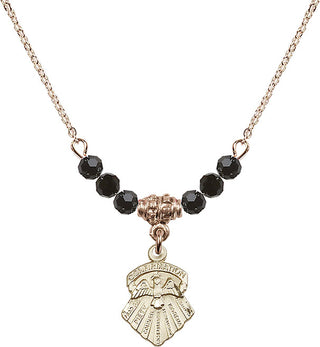 18" Hamilton Gold Plated Necklace with 4mm Jet Crystal Beads featuring a 14kt Gold Filled Seven Gifts Medal.