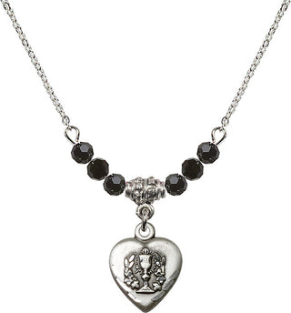 18" Rhodium Plated Necklace with 4mm Jet Crystal Beads featuring a Sterling Silver Heart / Communion Medal.