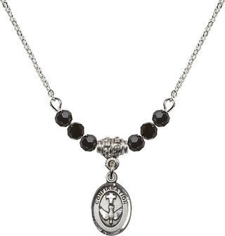 18" Rhodium Plated Necklace with 4mm Jet Crystal Beads featuring a Sterling Silver Confirmation Medal.